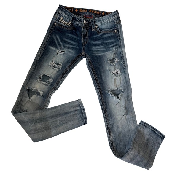 Rock Revival Denim - Rock Revival Arda Skinny Distressed Jeans Women's 28 Blue Low Rise Embellished